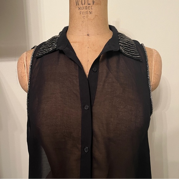 Lush Sheer Beaded Tank Top Button Down Blouse - Picture 2 of 7